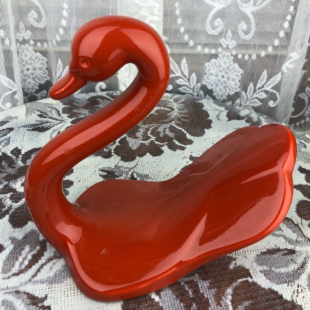 Vintage MidCentury Modern Orange Swan Towel Holder Signed Pottery Ceramic